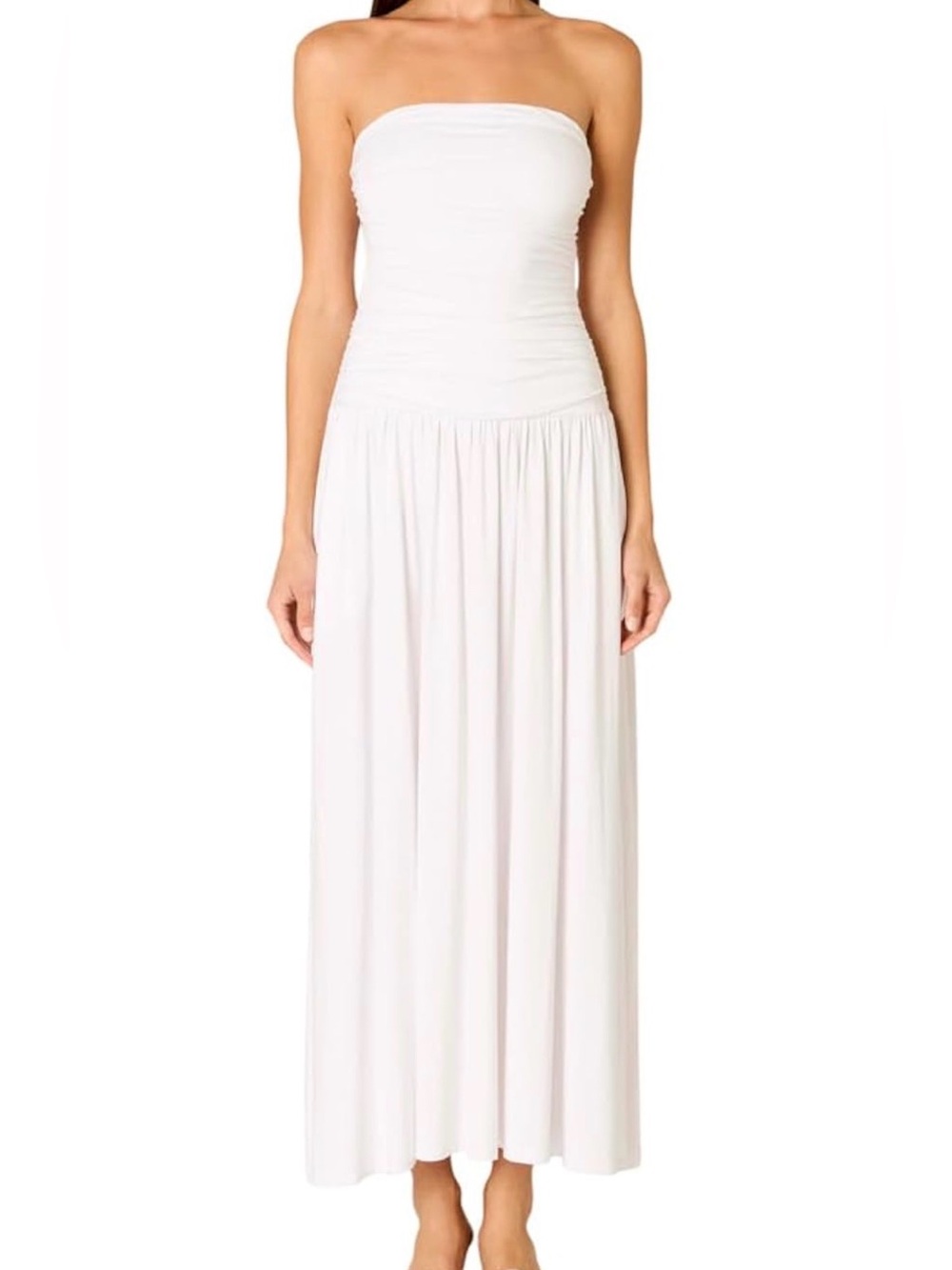 Strapless White Maxi Dress with Ruched Bodice